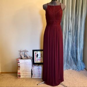 Burgundy Lace-Accent Maxi Dress